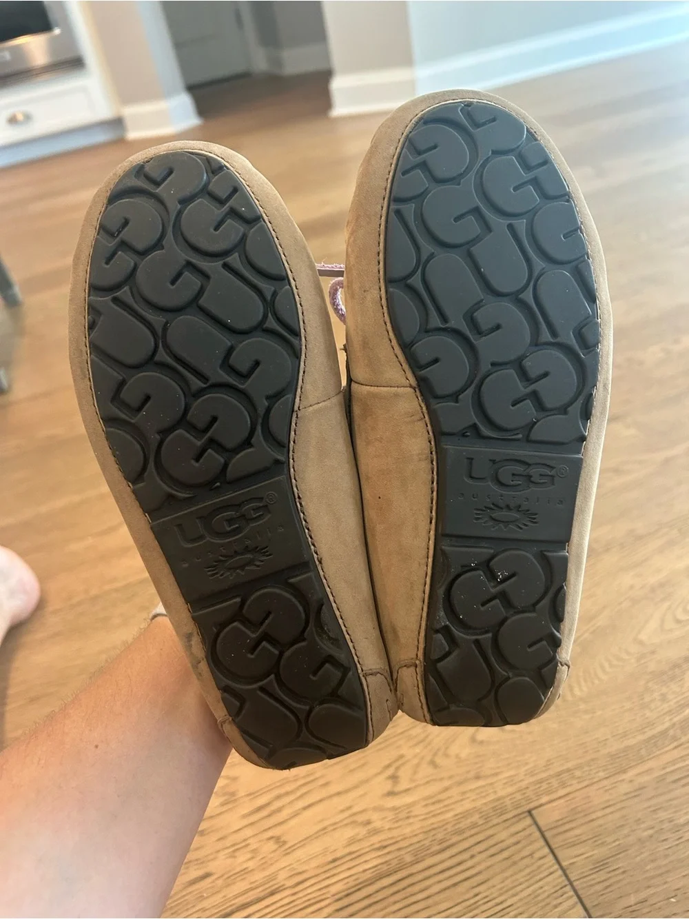 UGG Suede Moccasin Slipper in Chestnut with Light Pink Laces